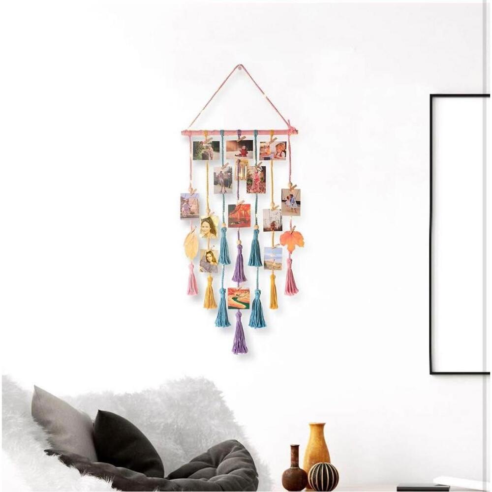 Boho Macrame Wall Hanging Photo Display – Room Decor for Teen Girls
